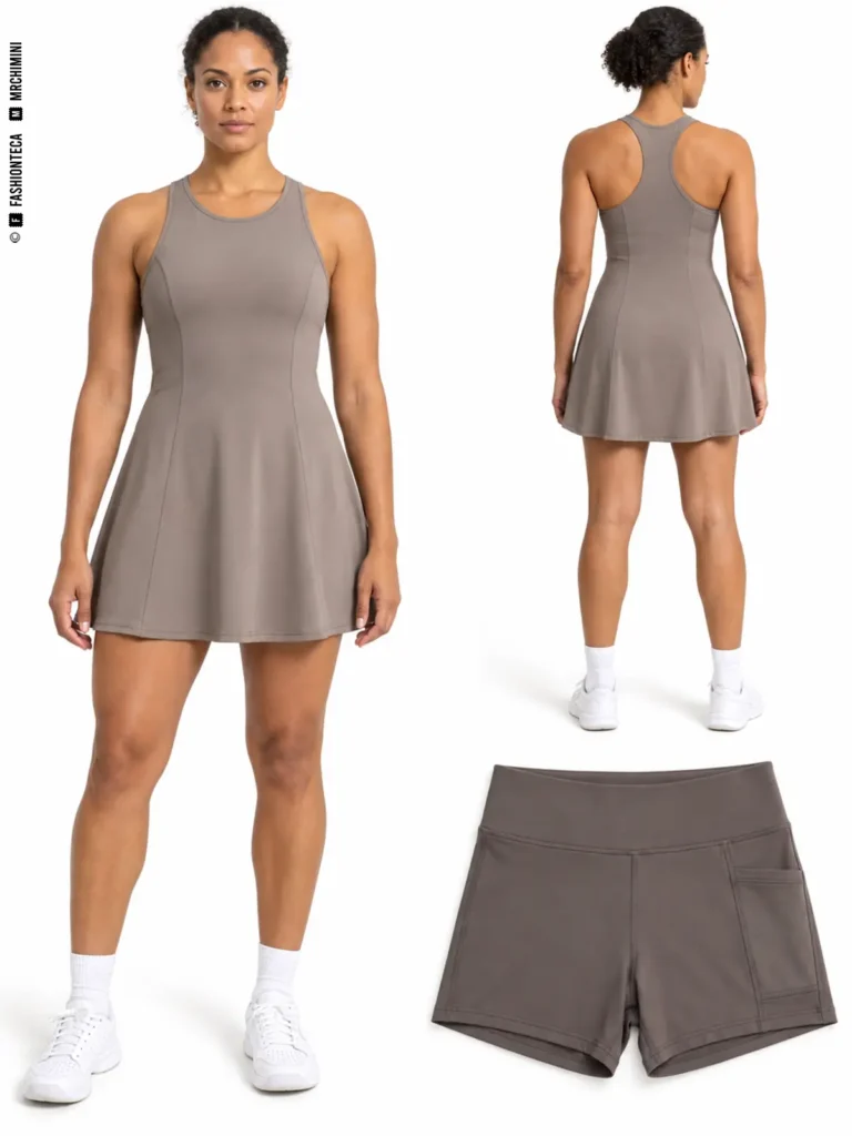 Vestido de tenis topo de frente y por detrás, con espalda nadadora y un short deportivo independiente mostrado aparte