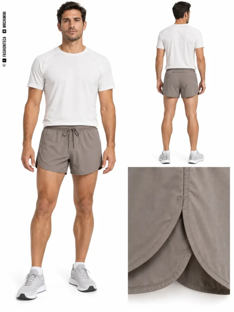 Pantalón corto de running topo de frente y espalda, con cintura de cordón, bolsillo posterior y detalle de la abertura lateral solapada