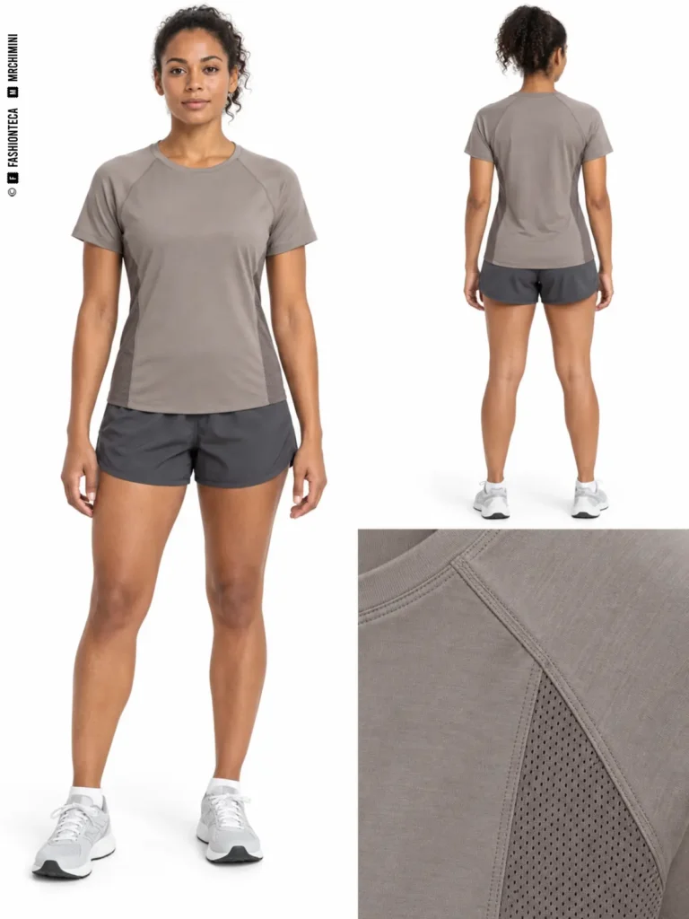 Camiseta de running topo de frente y espalda, con manga raglán y detalle de la costura junto al panel lateral de malla