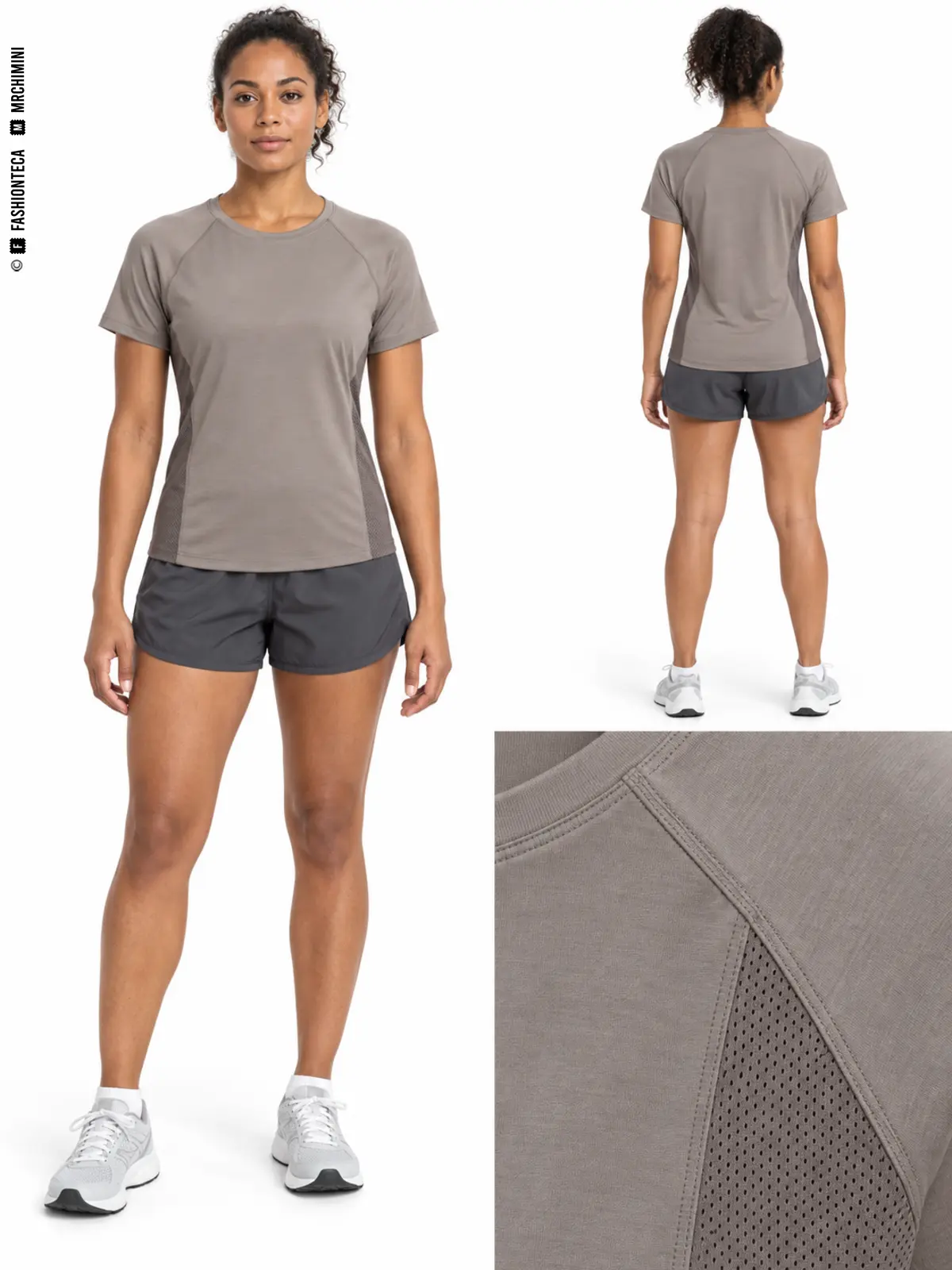 Camiseta de running topo de frente y espalda, con manga raglán y detalle de la costura junto al panel lateral de malla