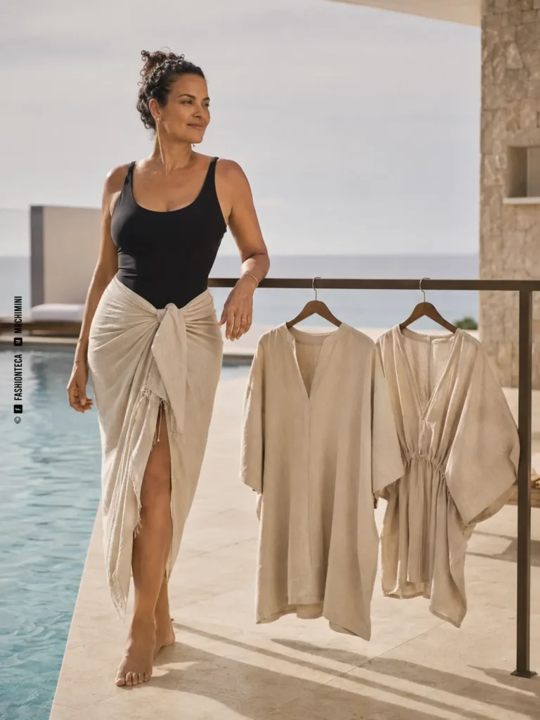 pareo y prendas de cobertura para baño: imagen editorial didáctica de moda