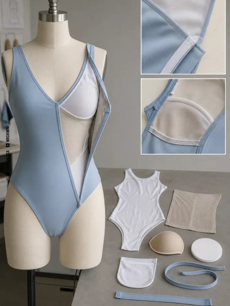 forros y cazoletas en ropa de baño: imagen editorial didáctica de moda