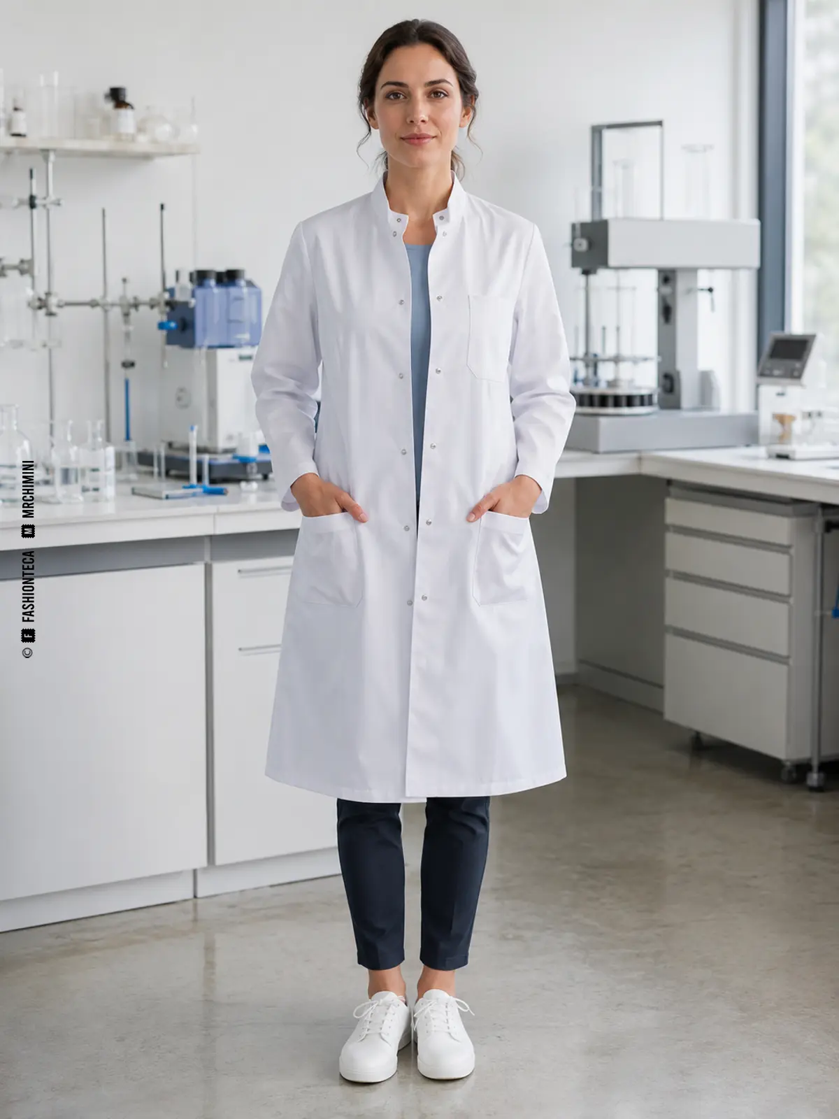 bata de laboratorio: imagen editorial didáctica de moda
