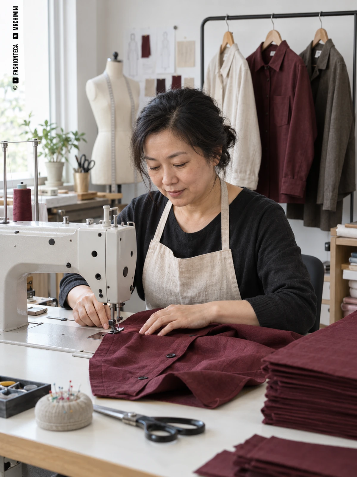 Confeccionista monta una sobrecamisa en un pequeño taller con varios encargos individuales organizados.