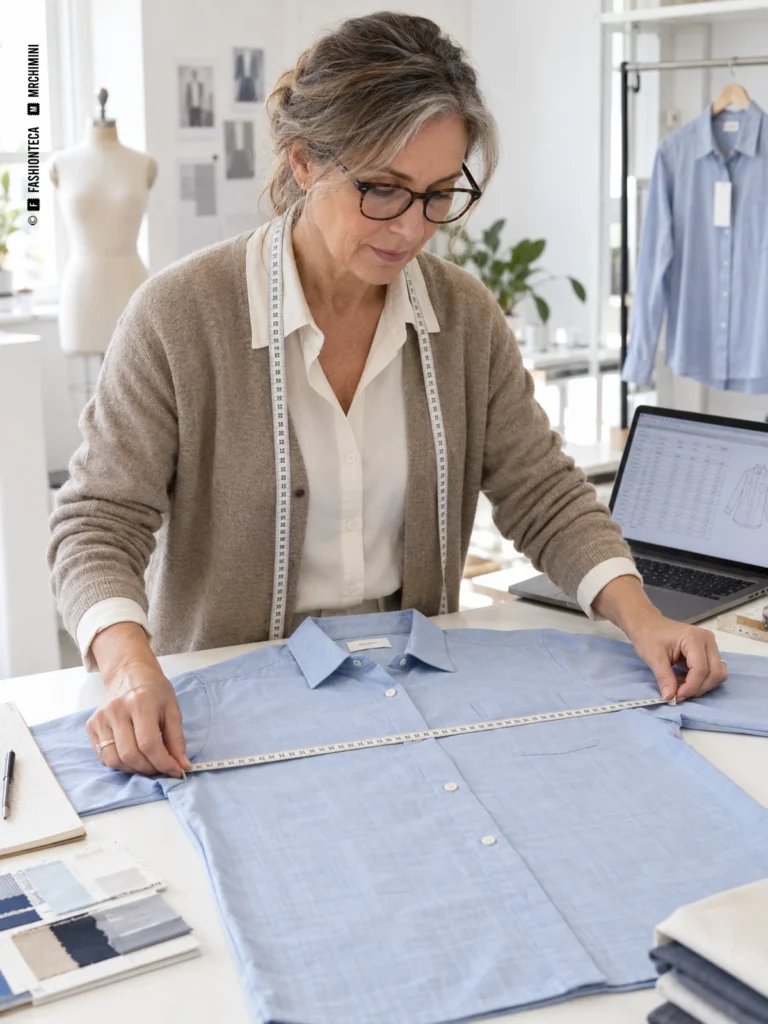 Técnica de Desarrollo de Producto midiendo una camisa sobre una mesa junto a su documentación.