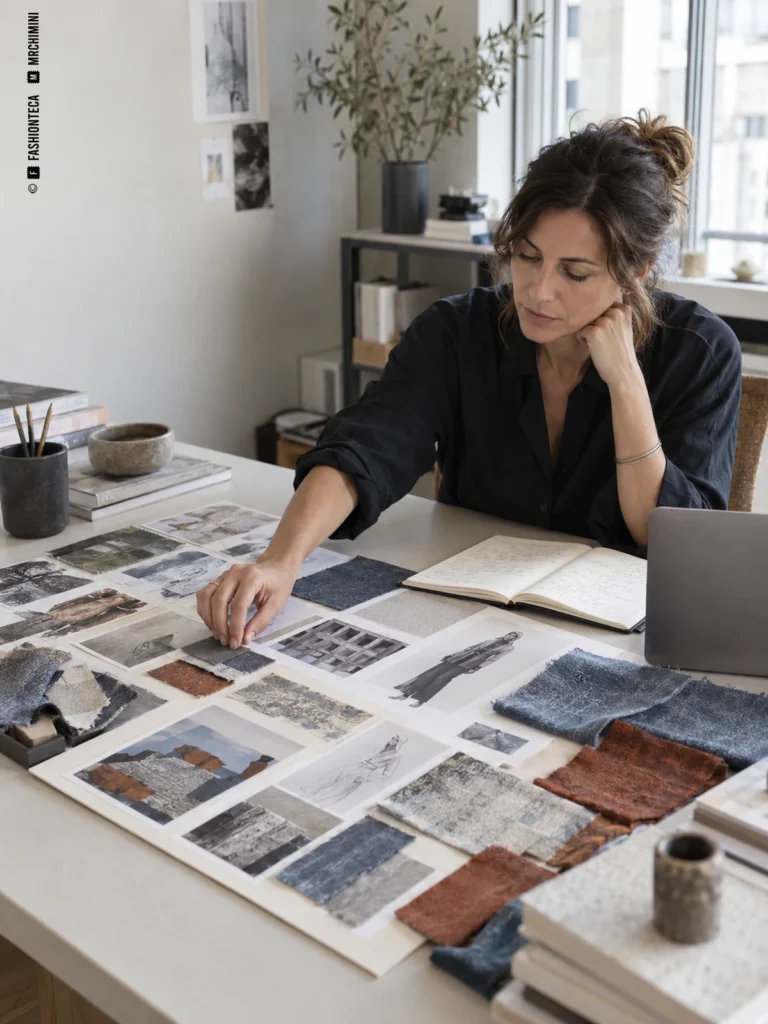 Profesional analiza referencias visuales y muestras de tejido sobre una mesa de investigación de Moda.