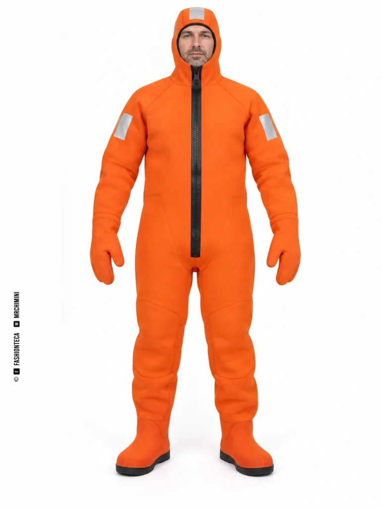 Traje de inmersión naranja con capucha, manos y pies integrados, visto de frente.