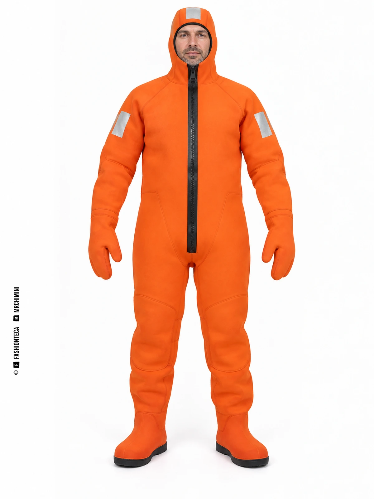 Traje de inmersión naranja con capucha, manos y pies integrados, visto de frente.