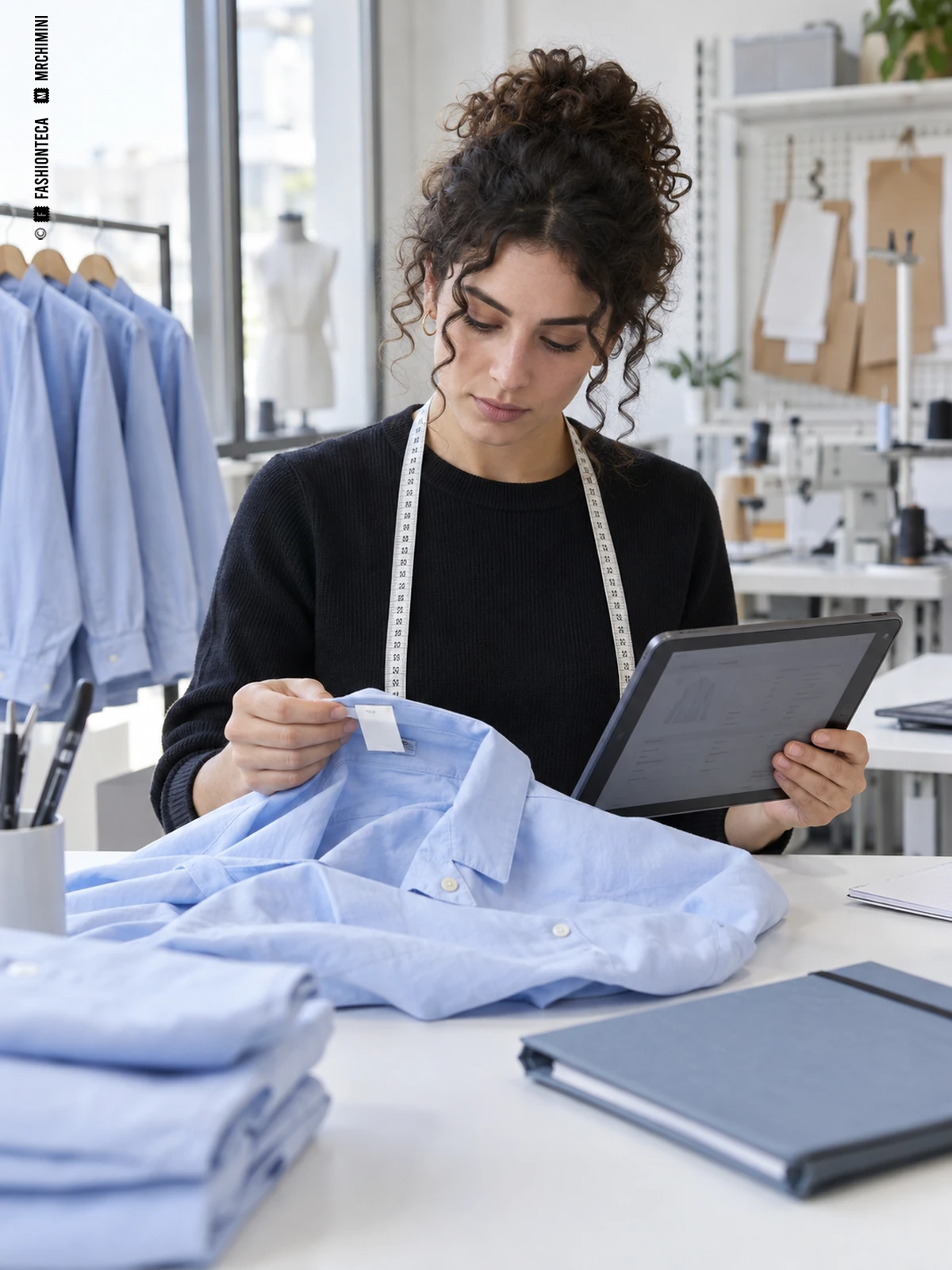 Coordinadora de calidad comprueba la identificación de una camisa junto a su registro de producción.