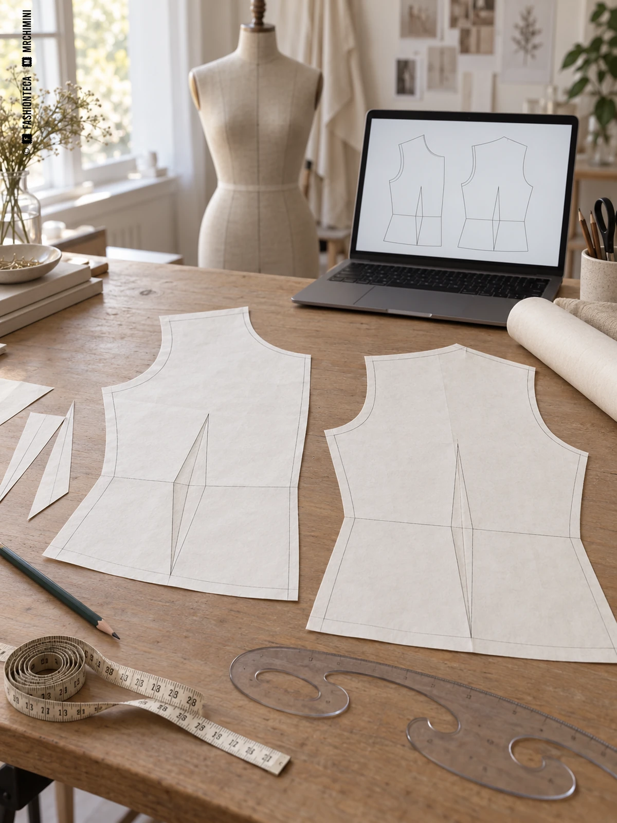 Piezas de patrón de cuerpo sobre una mesa, con regla curva, cinta métrica y sus trazados en pantalla.