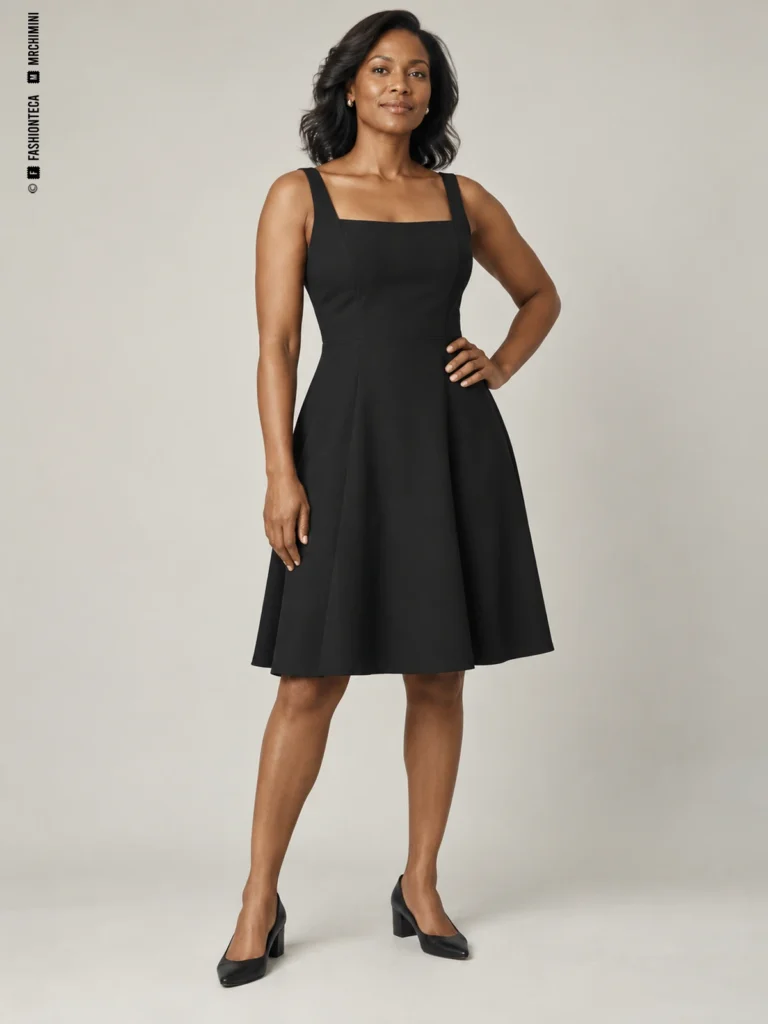 Mujer con vestido negro de crepé mate, escote cuadrado, cintura marcada y falda ligeramente evasé.
