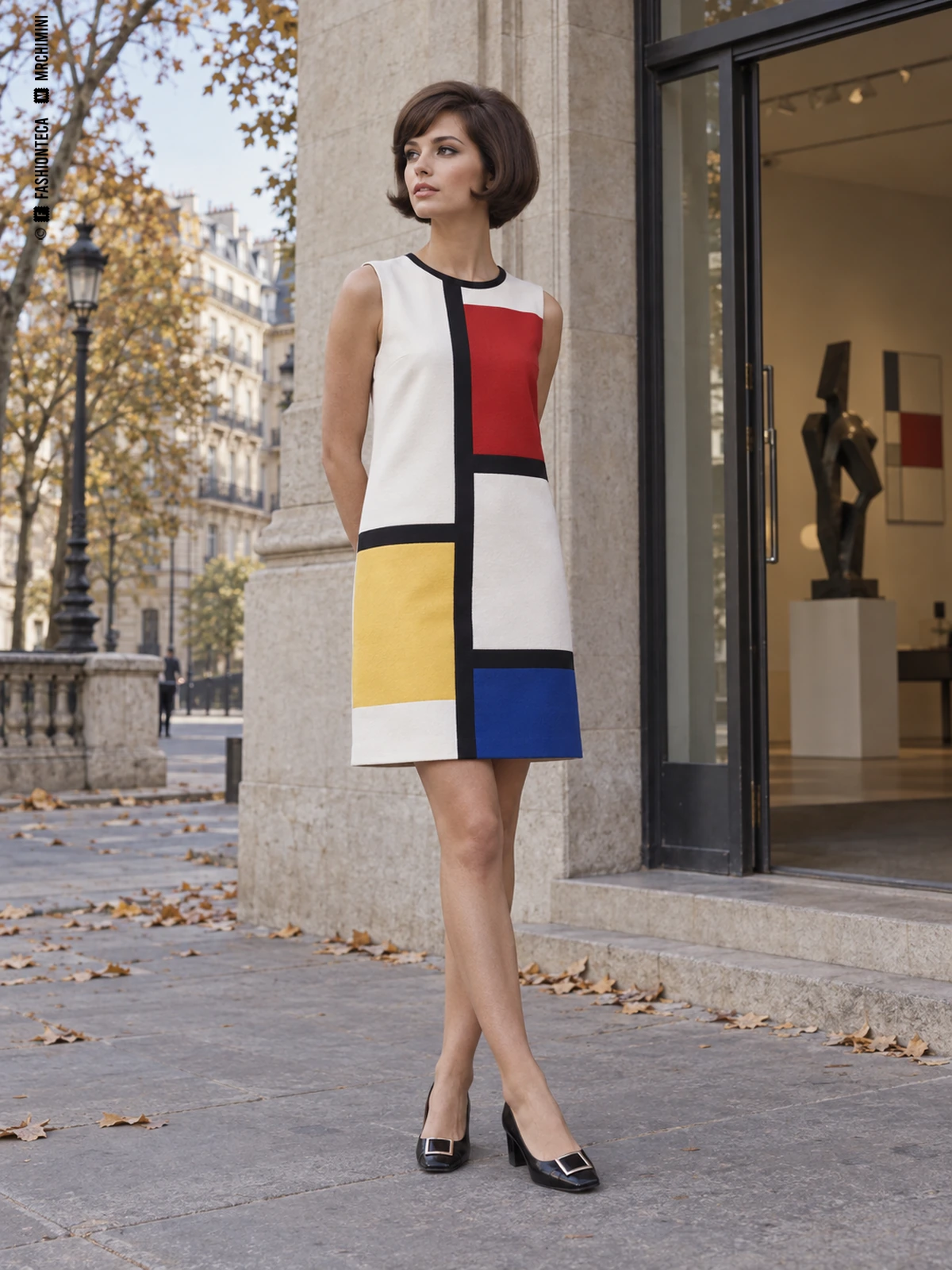 Recreación de una silueta de 1965 en una galería: vestido recto con líneas negras y bloques blancos, rojos, amarillos y azules.