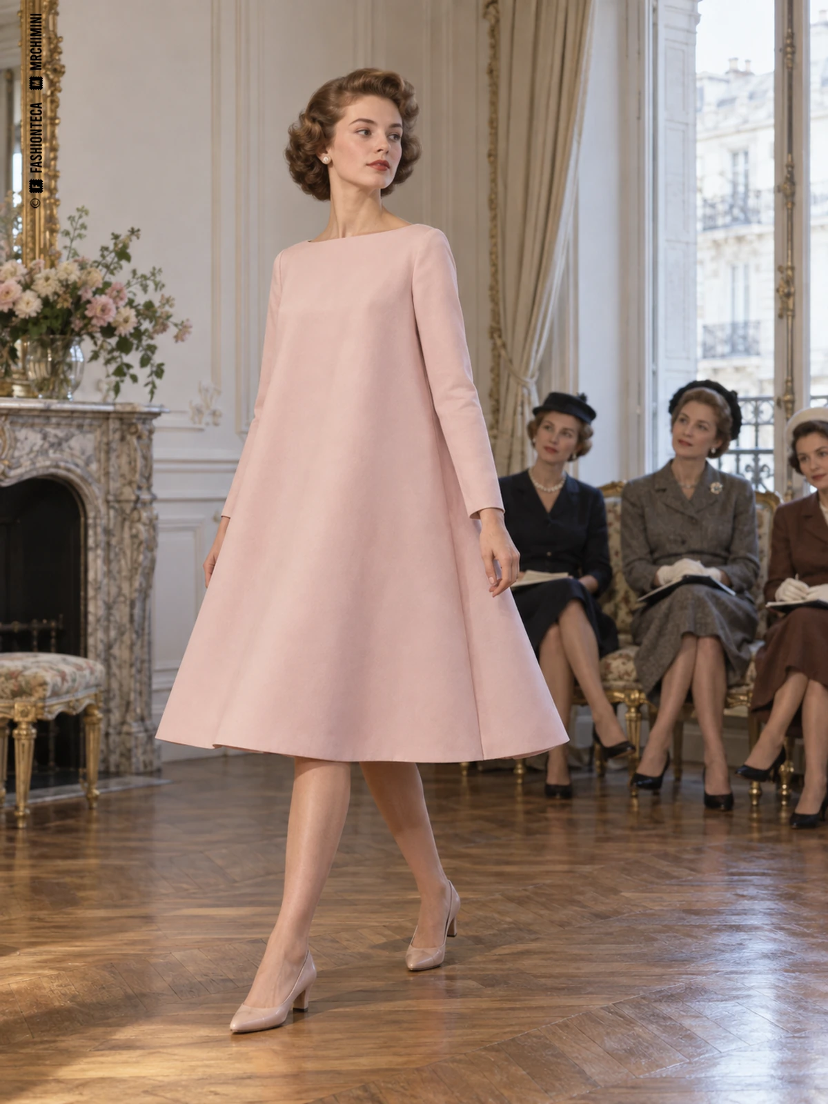 Recreación de una presentación de finales de los años cincuenta: vestido rosa de línea trapecio ante un pequeño público en un salón parisino.