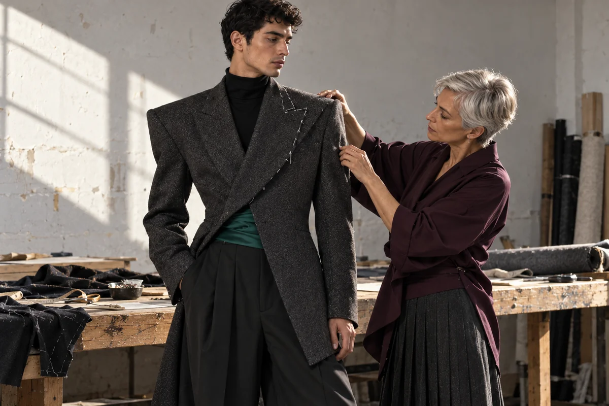 Recreación de una prueba de chaqueta gris de hombros marcados y delantero asimétrico sobre un modelo con pantalón amplio.