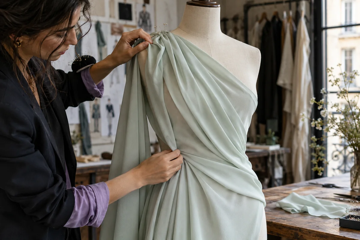 Manos de una artesana que disponen pliegues de tejido verde claro sobre un maniquí de costura.