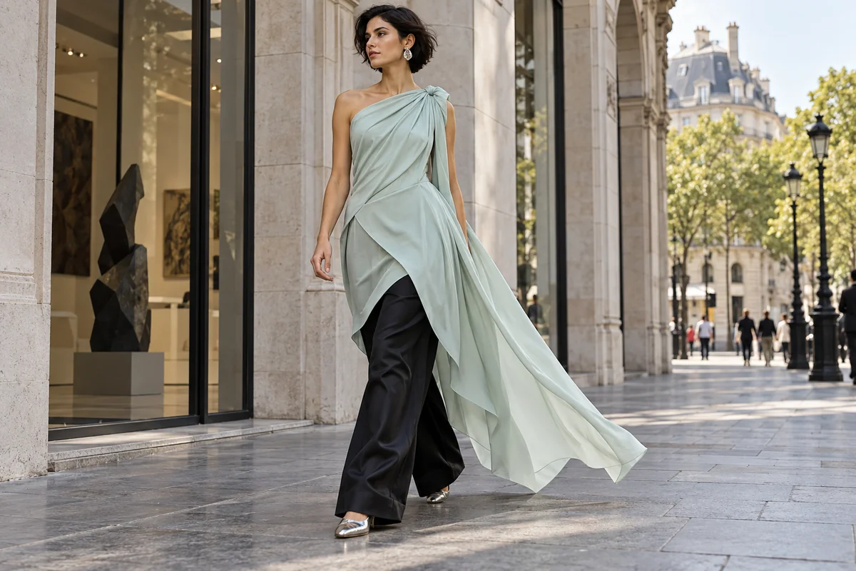 Estilismo contemporáneo con túnica asimétrica verde clara sobre pantalón negro y calzado plateado.