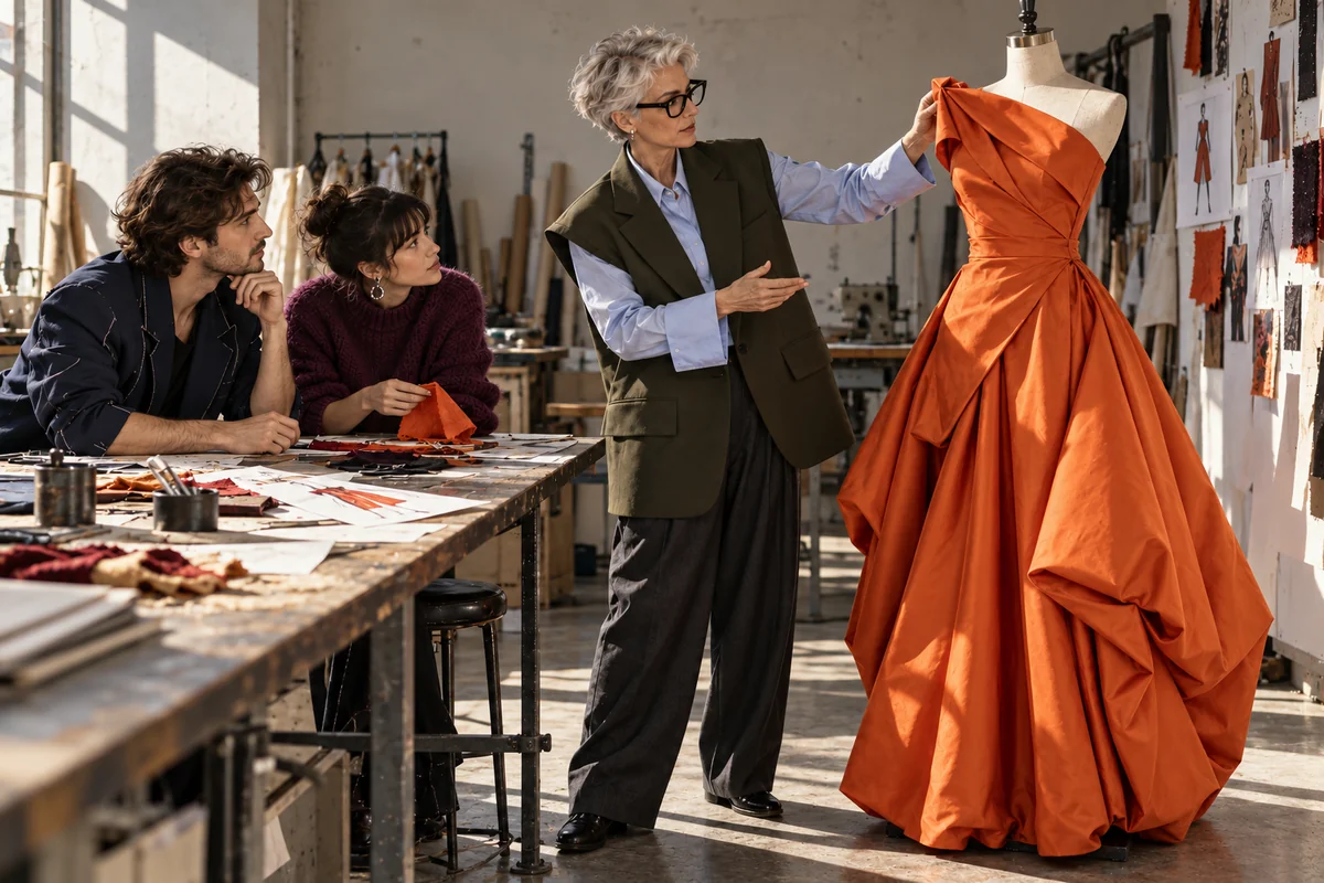Recreación de una responsable de atelier que revisa con dos colegas un prototipo naranja de hombro asimétrico y falda de volumen redondeado.