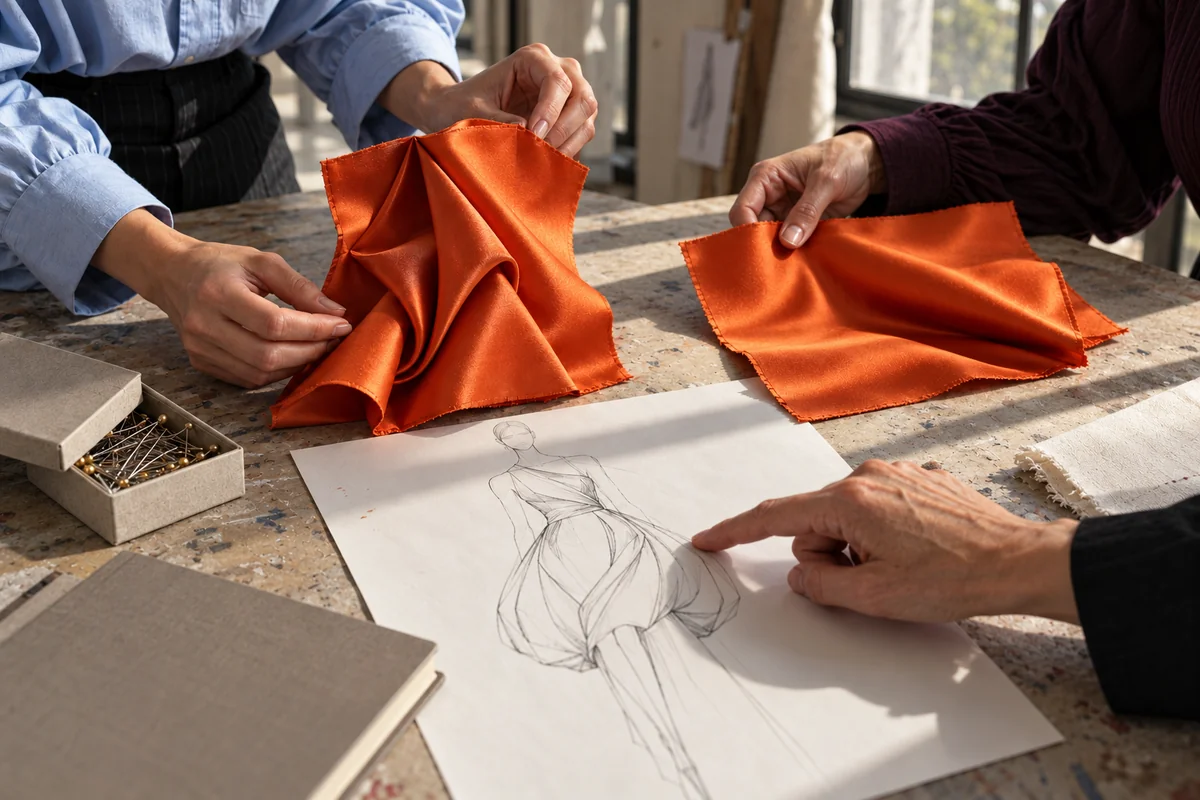 Manos de un equipo que compara dos muestras de pliegues en tejido naranja junto a un boceto de vestido.