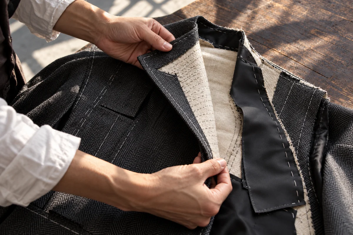 Detalle del interior de una chaqueta gris con la solapa abierta, soporte textil cosido e hilvanes visibles.