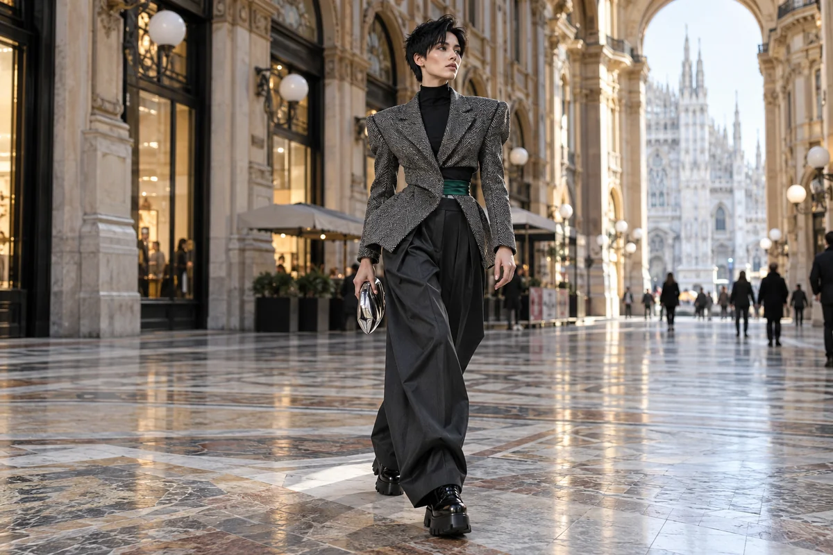 Estilismo de chaqueta gris estructurada, pantalón amplio, acento verde en la cintura y complementos de líneas geométricas.