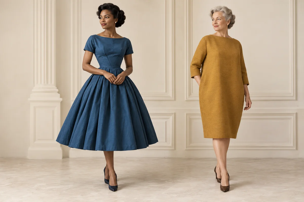 Recreación de dos líneas de los años cincuenta: vestido azul con cintura ceñida y falda amplia, y vestido saco ocre sin cintura marcada.