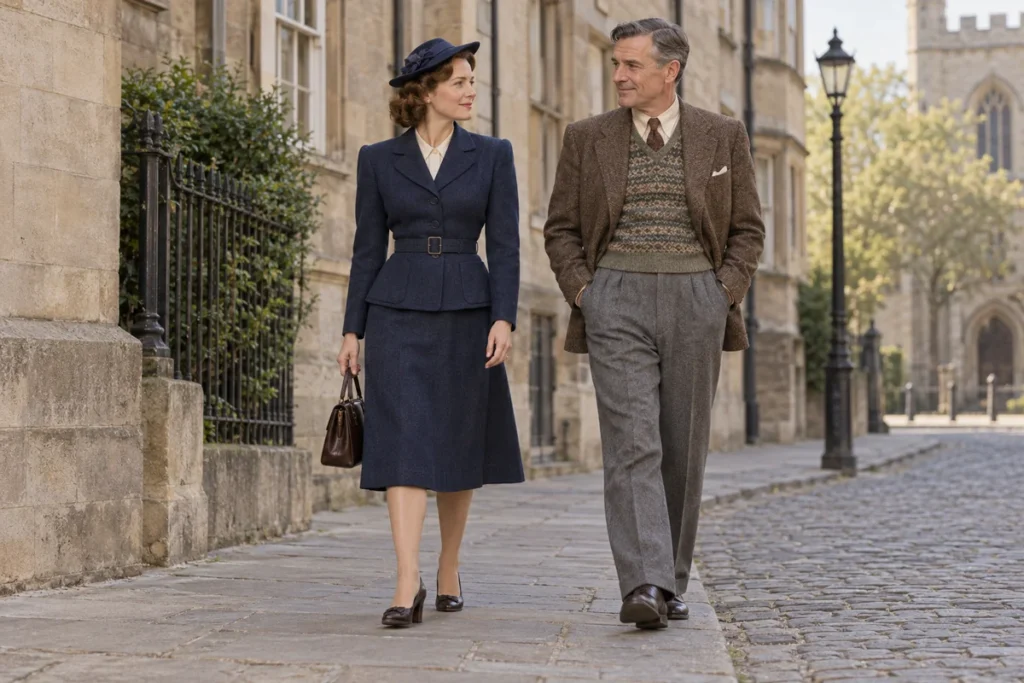Recreación de ropa de día de los años cuarenta: mujer con traje de falda azul y hombre con chaqueta de tweed, chaleco de punto y pantalón gris.