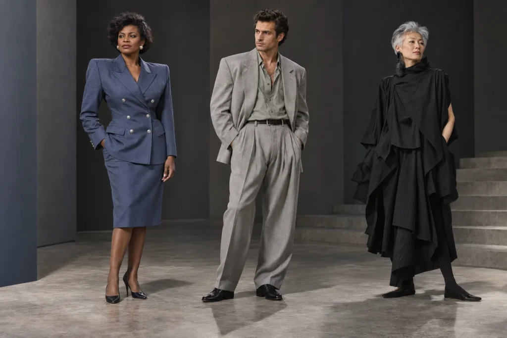 Recreación comparativa de los ochenta: traje femenino de hombros definidos, traje masculino amplio y conjunto negro asimétrico de volumen libre.
