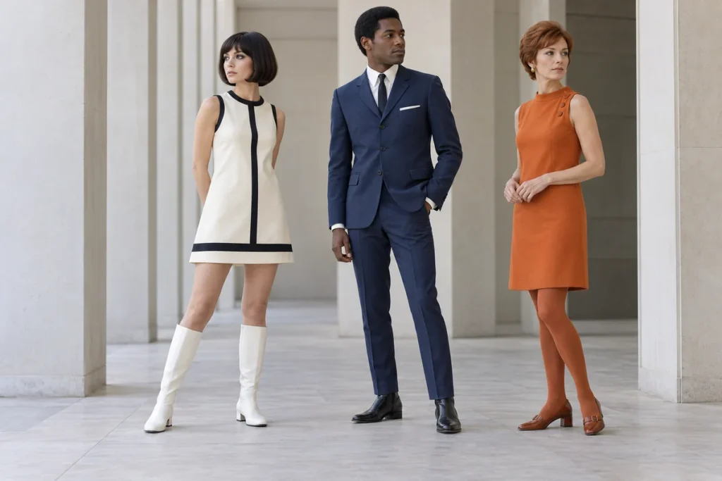 Recreación de mediados de los sesenta: minivestido geométrico con botas blancas, traje masculino mod y vestido recto naranja.