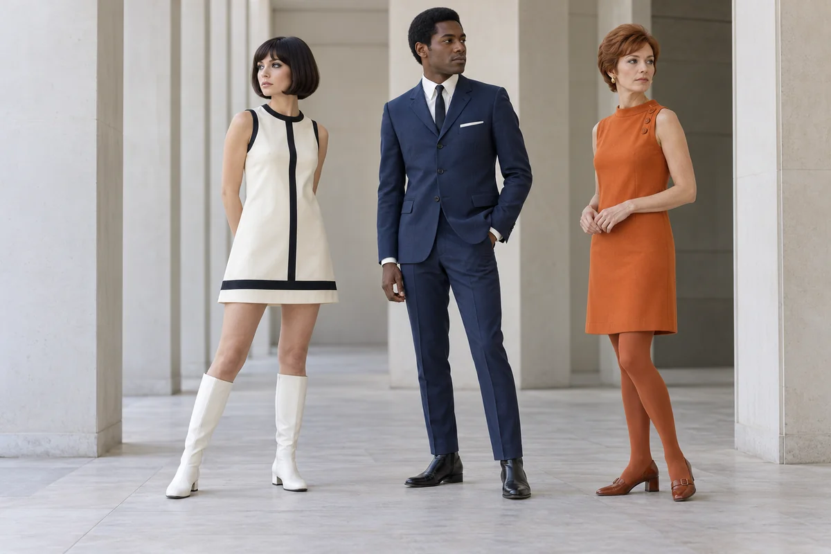 Recreación de mediados de los sesenta: minivestido geométrico con botas blancas, traje masculino mod y vestido recto naranja.