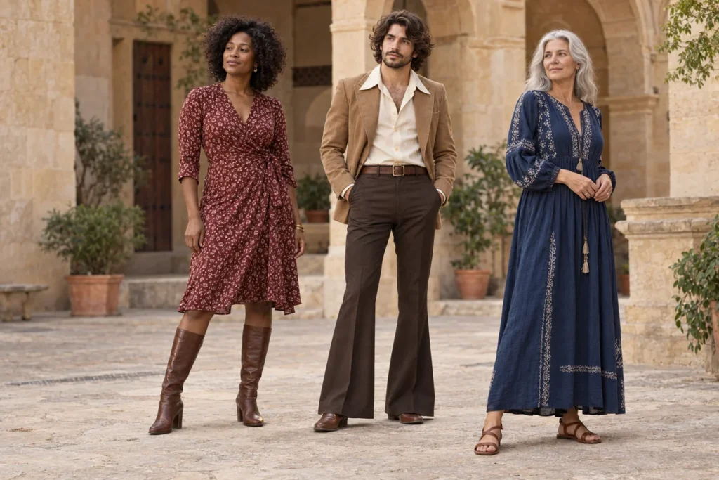 Recreación de los años setenta con vestido cruzado estampado, conjunto masculino de pantalón acampanado y vestido largo bordado.
