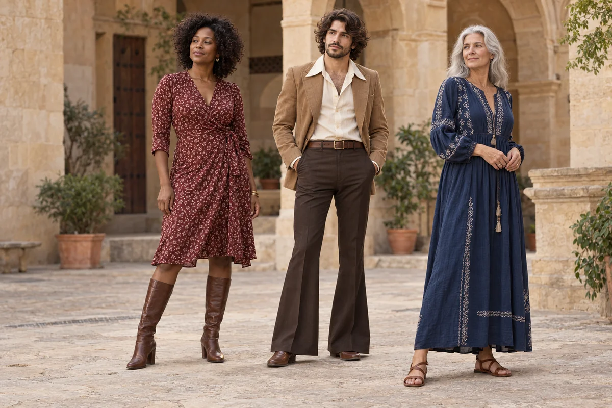 Recreación de los años setenta con vestido cruzado estampado, conjunto masculino de pantalón acampanado y vestido largo bordado.