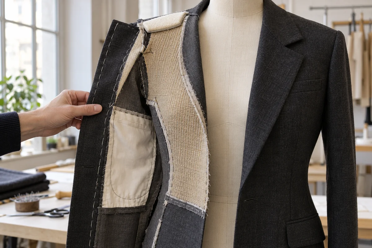 Interior de chaqueta sobre maniquí con panel exterior levantado, estructura interna, saco de bolsillo e hilvanes visibles.