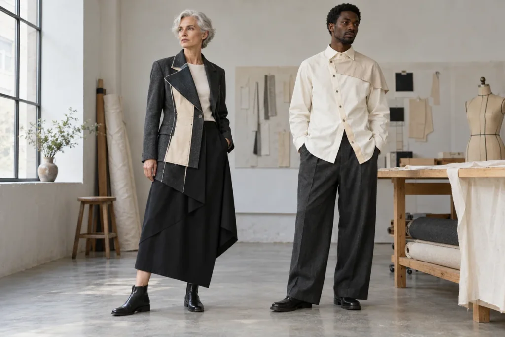 Recreación de deconstrucción en Moda: chaqueta asimétrica con capa interior visible y camisa marfil con cierre descentrado y panel de hombro.