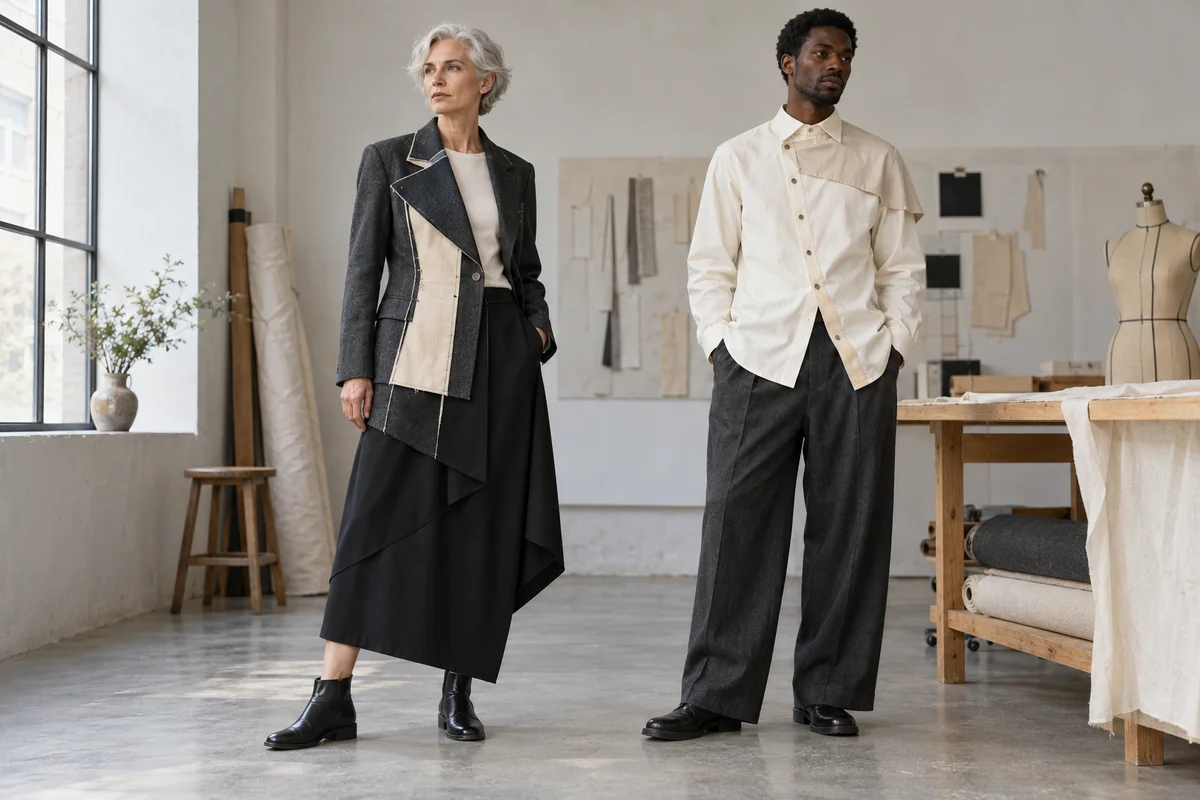 Recreación de deconstrucción en Moda: chaqueta asimétrica con capa interior visible y camisa marfil con cierre descentrado y panel de hombro.