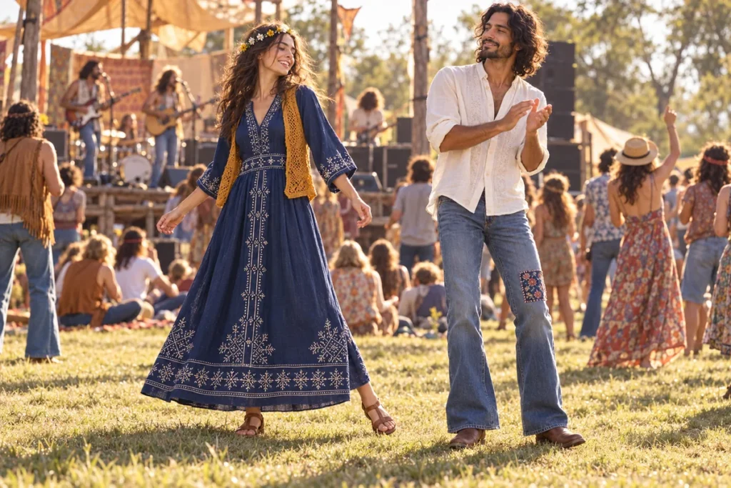 Recreación hippie con dos jóvenes en un festival al aire libre, vestido índigo bordado, chaleco de ganchillo, camisa amplia y vaqueros acampanados.