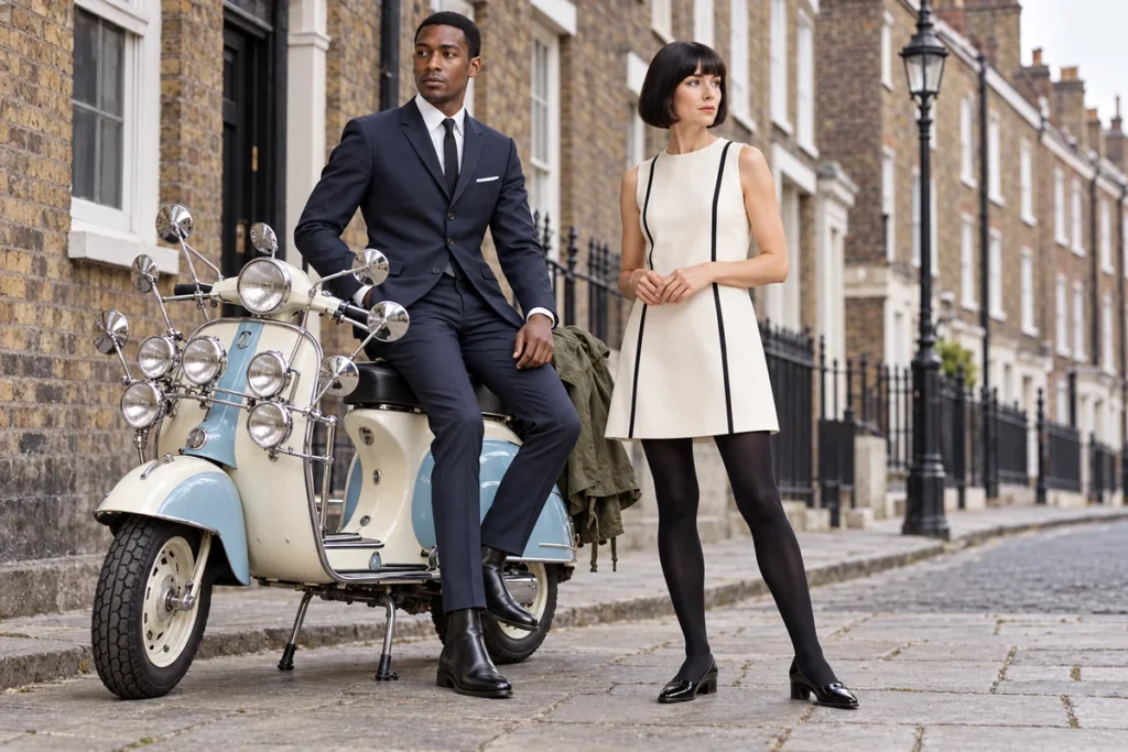 Recreación mod con dos jóvenes, traje azul estrecho, vestido marfil geométrico y scooter clásica con varios faros y espejos.