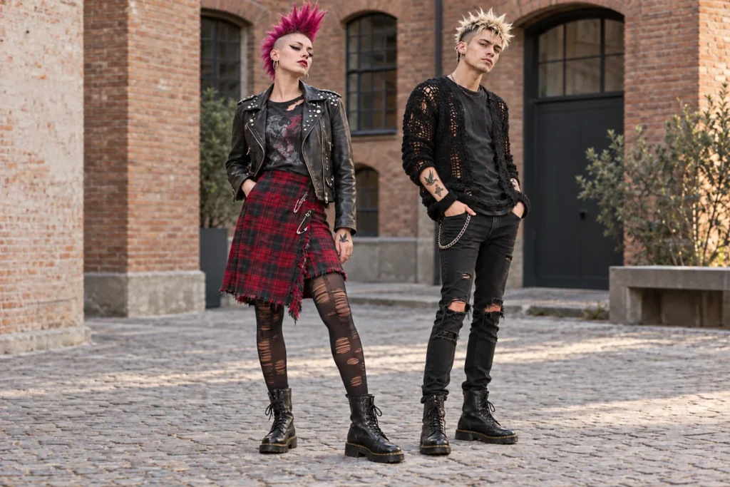 Dos jóvenes con cresta y pelo de punta, cazadora de cuero, tartán, piercings, tatuajes y botas negras de cordones con costura amarilla, en una recreación del punk inglés.
