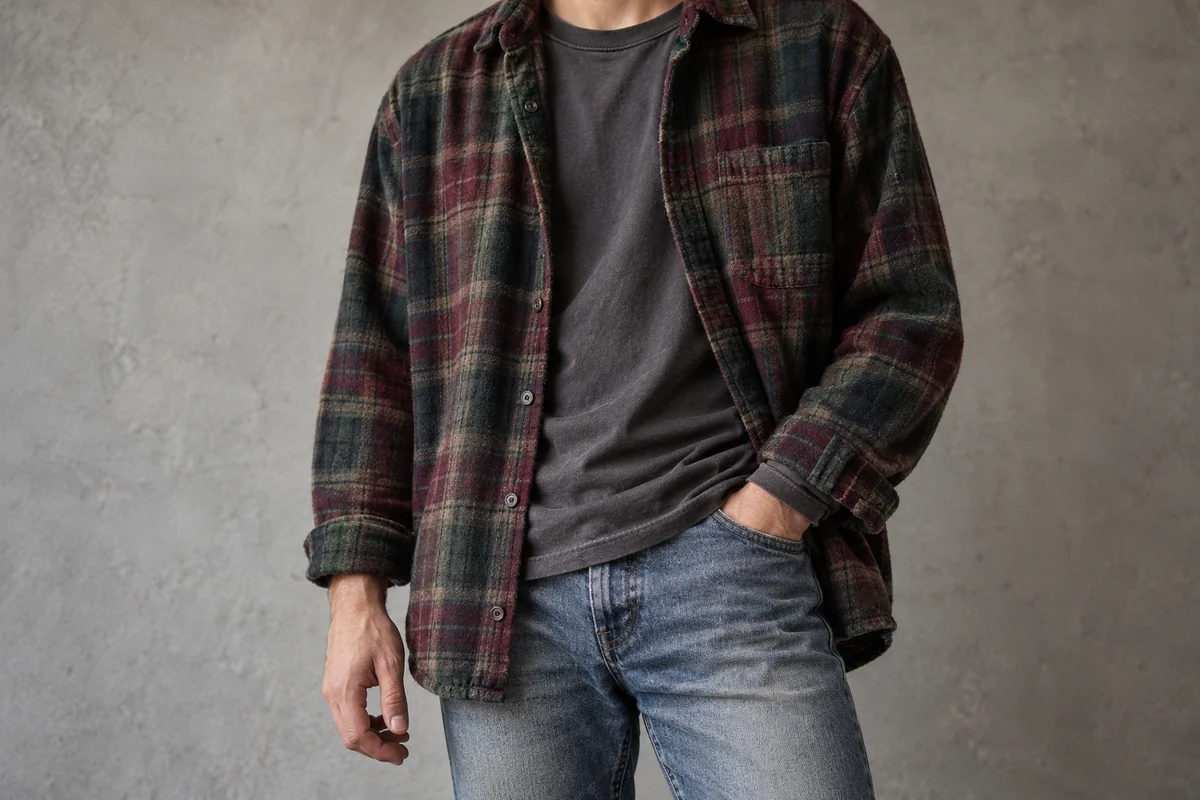 Acercamiento a camisa de cuadros cepillada, camiseta de punto y denim gastado en un conjunto de capas.