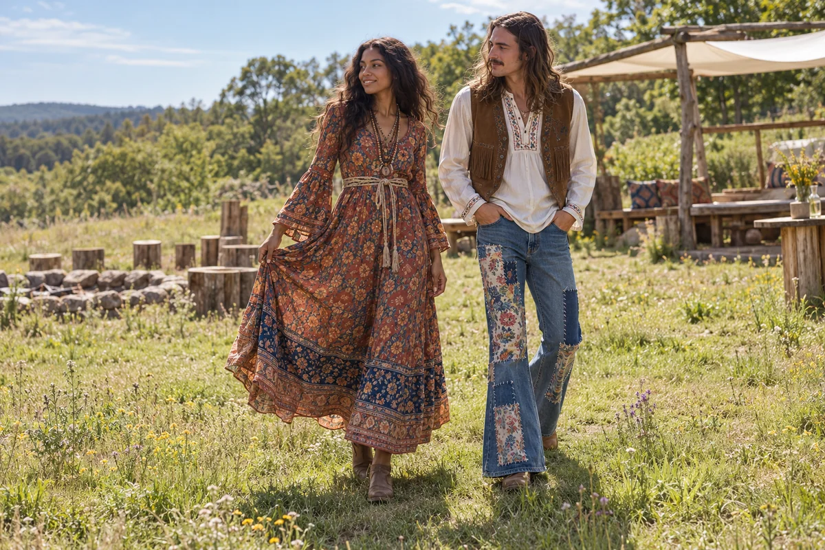 Dos conjuntos hippies con vestido floral largo, chaleco, camisa bordada y vaqueros acampanados con aplicaciones.