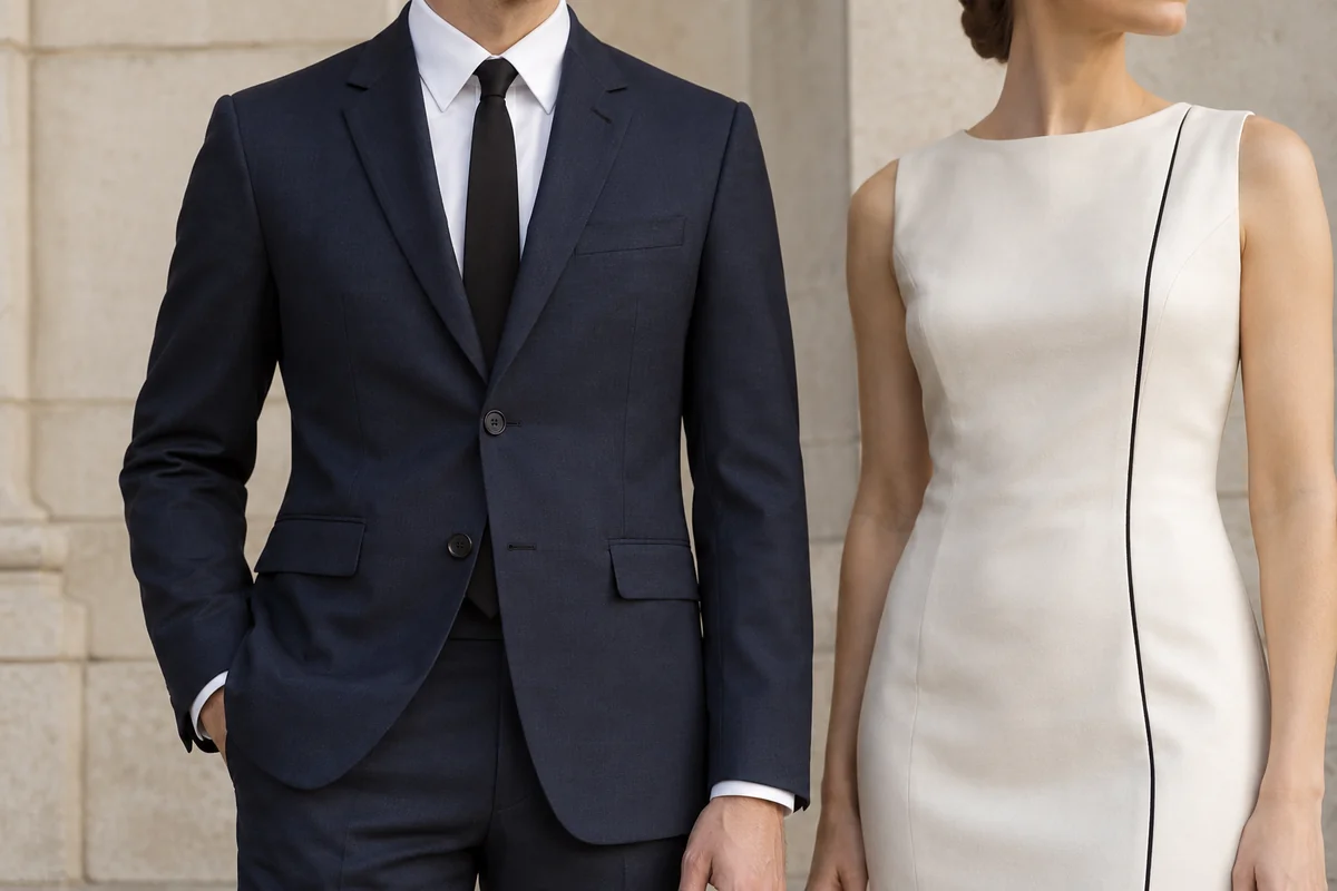 Detalle de traje estrecho, camisa blanca, corbata fina y ribete negro sobre vestido marfil.