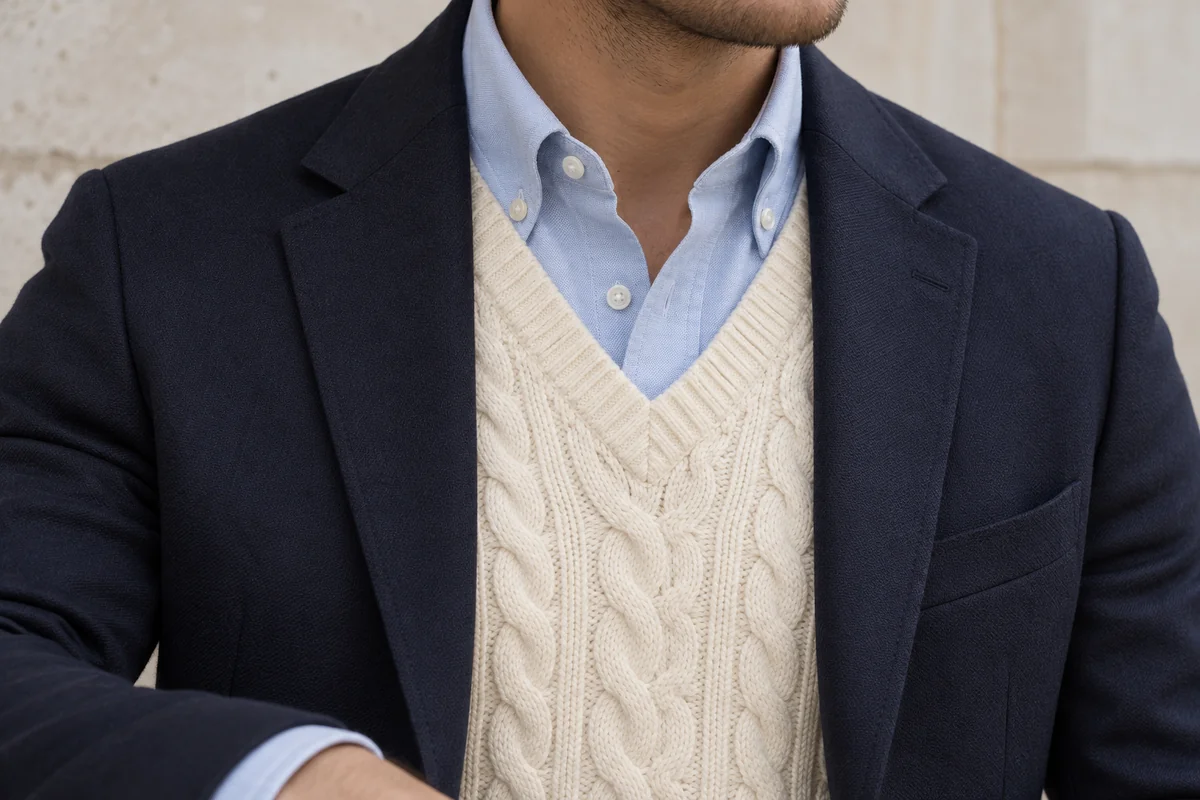 Detalle de cuello button-down azul bajo jersey de ochos marfil y blazer azul.