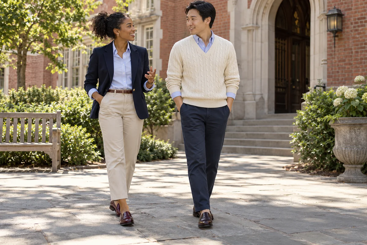 Dos conjuntos preppy actuales con blazer, camisa, chinos, jersey de ochos y mocasines.