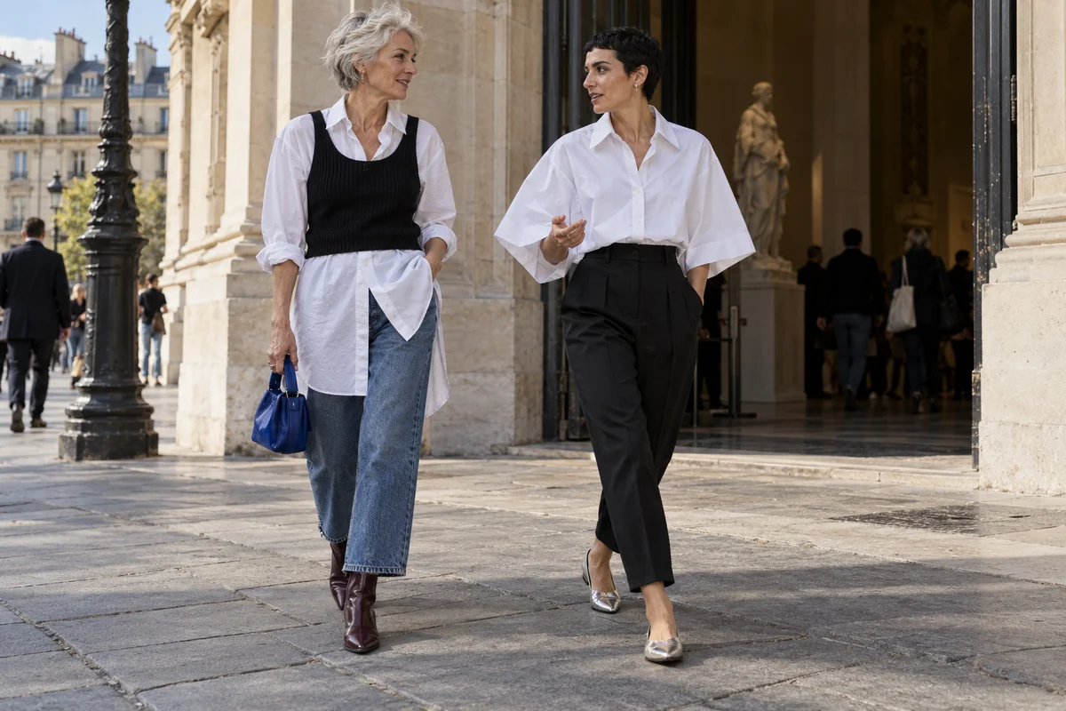 Dos conjuntos con camisas blancas: una larga bajo punto oscuro y otra corta de mangas amplias.