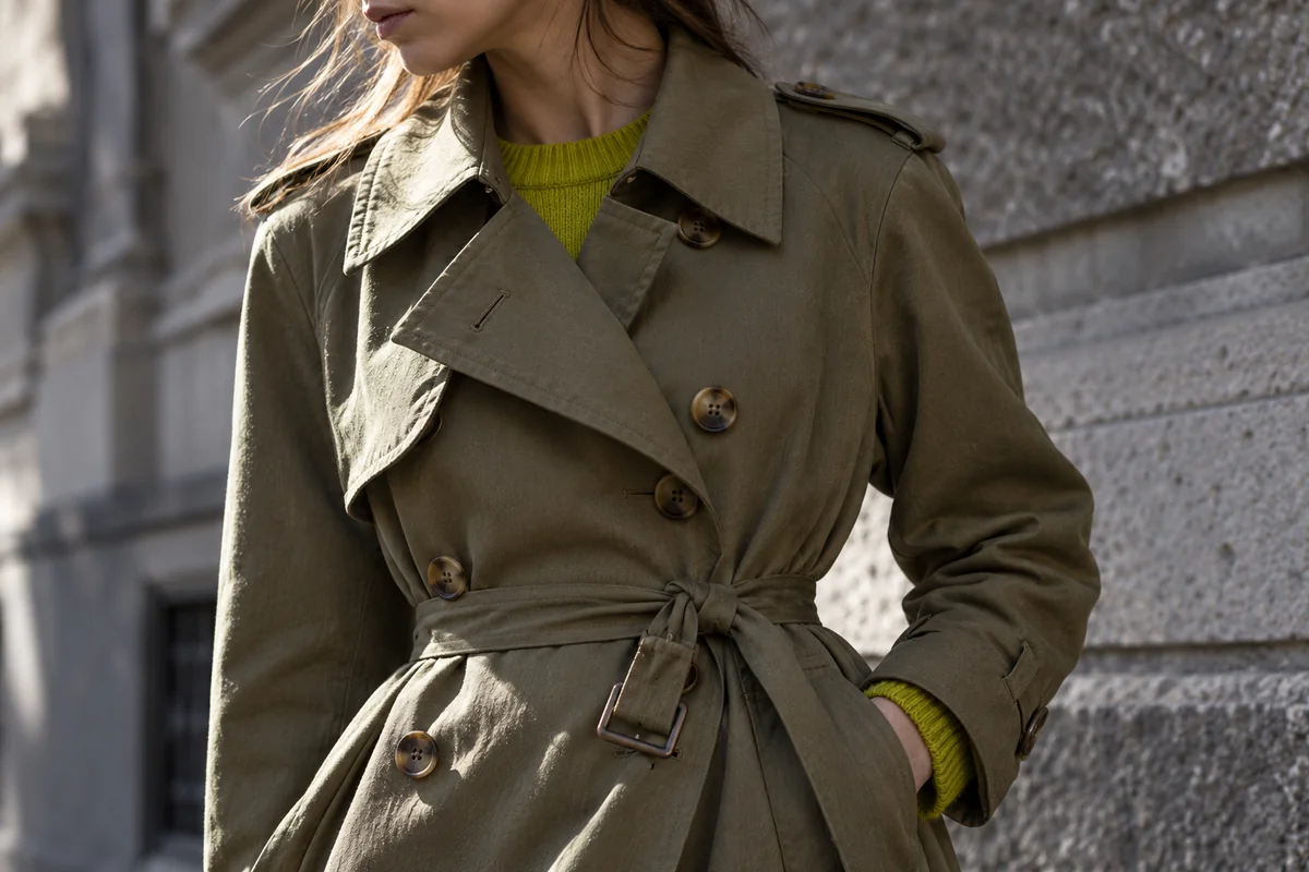 Detalle del cuello, piezas superpuestas, botonadura y cinturón de una gabardina verde oliva.