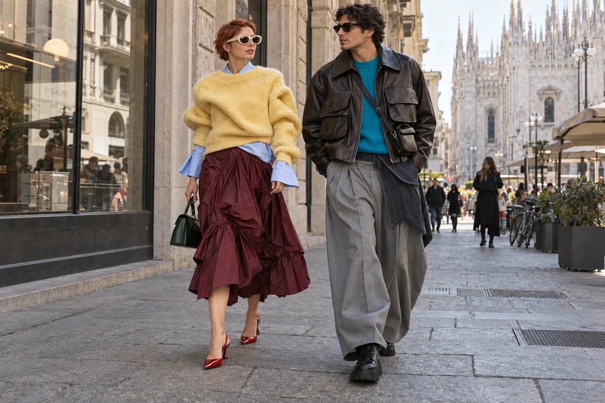 Dos estilismos urbanos con punto amarillo, falda burdeos y zapatos rojos, y cazadora de grandes bolsillos sobre pantalón amplio.