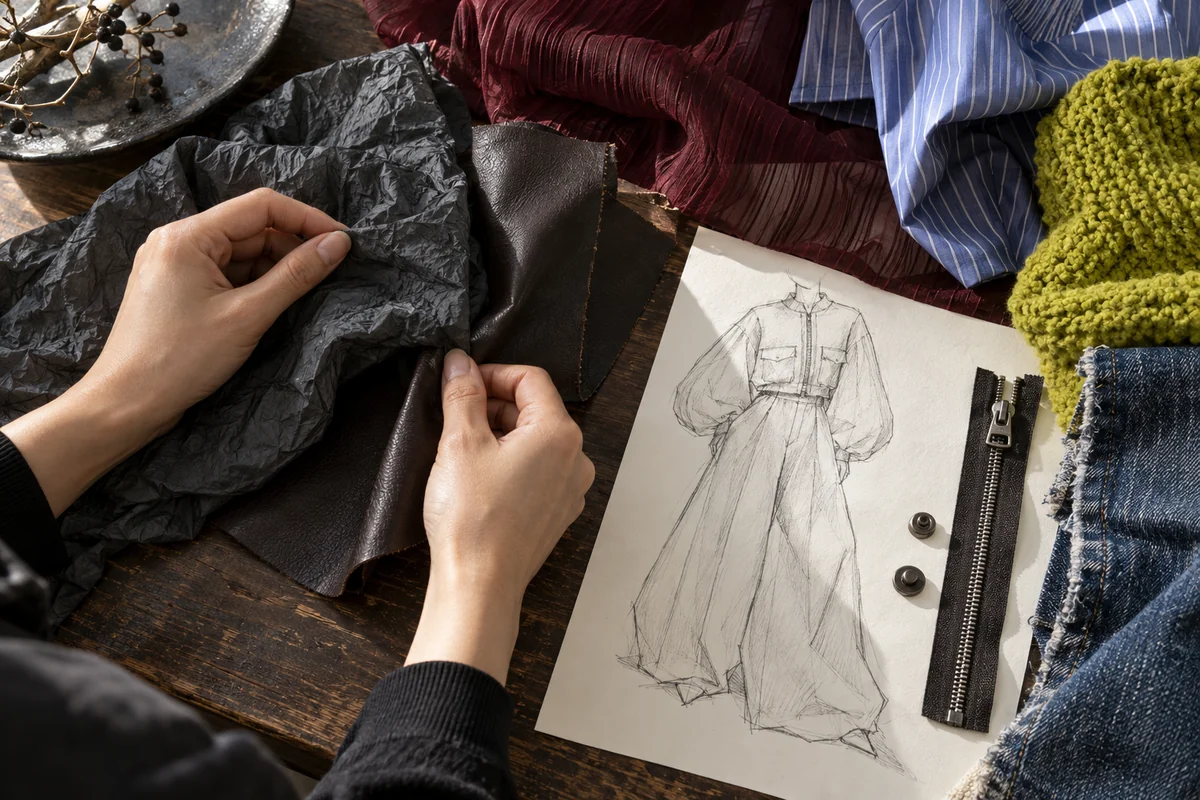 Muestras de aspecto cuero, tejido técnico, tejido transparente burdeos, punto verde y denim junto a un boceto de chaqueta de mangas amplias.