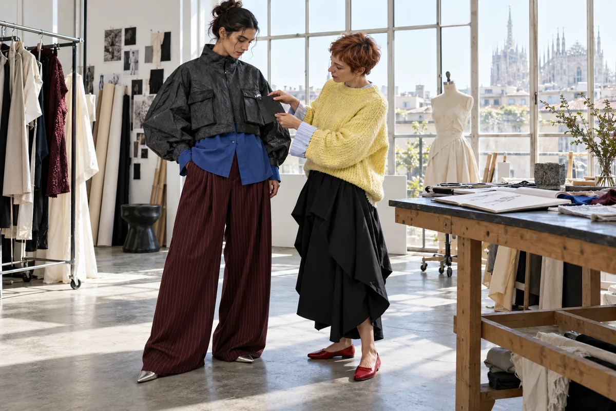 Una diseñadora con punto amarillo compara una muestra con el bolsillo de una chaqueta de mangas voluminosas sobre una modelo.