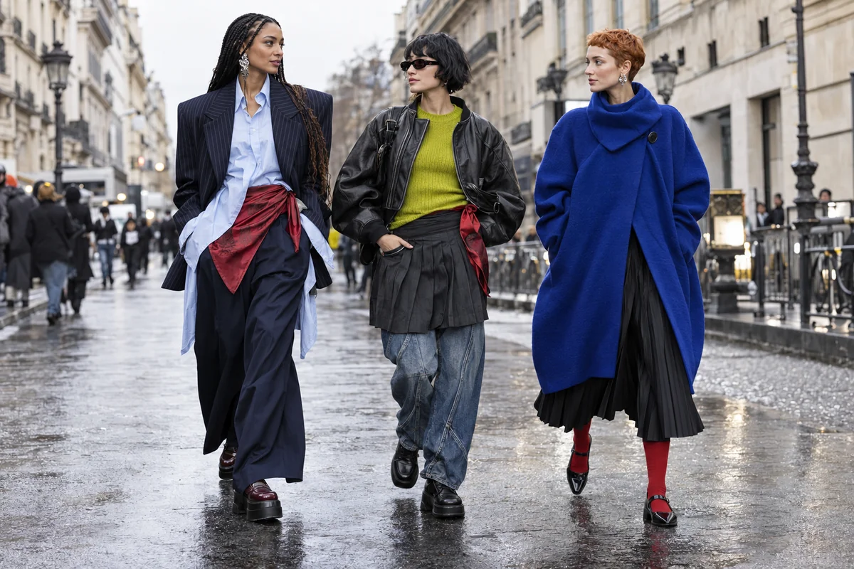 Tres estilismos de calle con sastrería amplia, cuero, falda sobre vaquero y abrigo azul; dos incorporan un pañuelo rojo a la cintura.