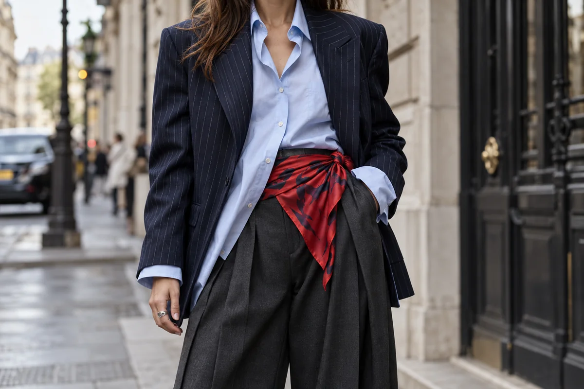 Pañuelo rojo anudado a un lado de la cintura sobre camisa azul y pantalón amplio de sastrería.